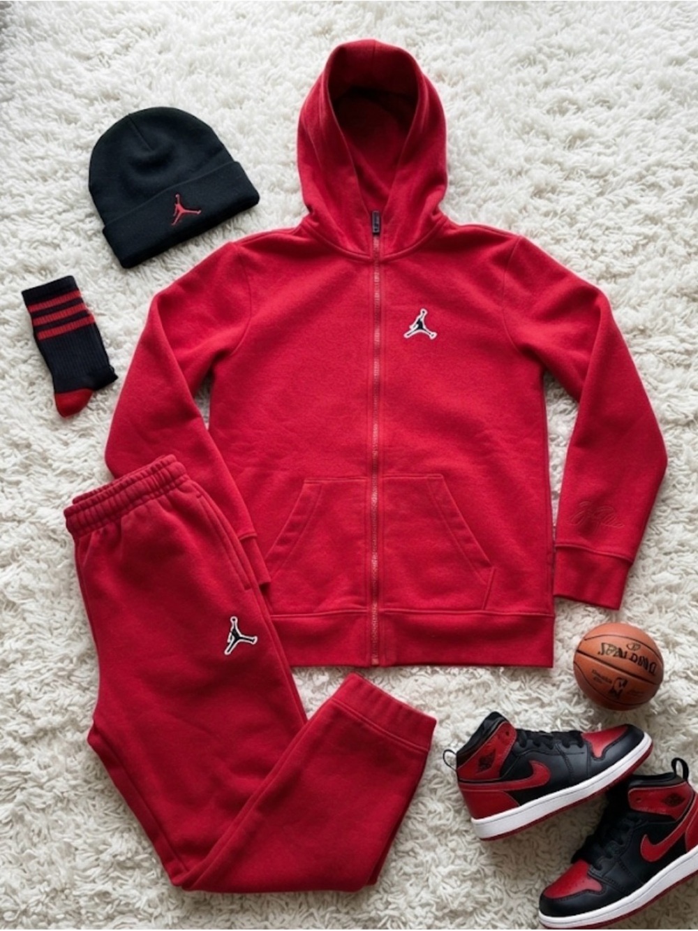 Jordan Red Fleece Hoodie & Joggers Set with Black Accents